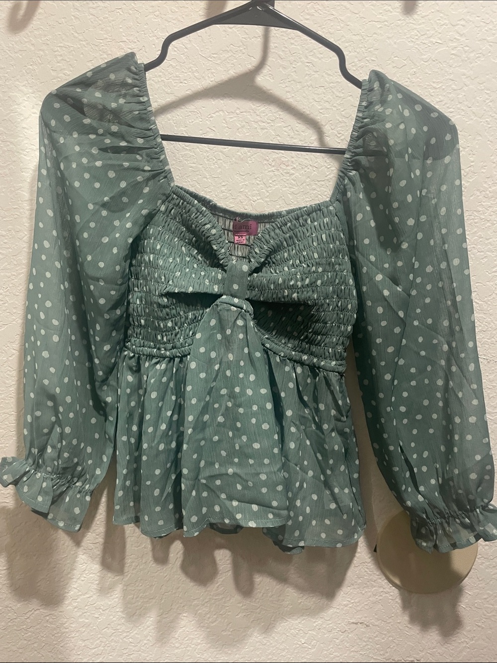Francesca's Collections Sage Green Polka Dot Smocked Bow Blouse